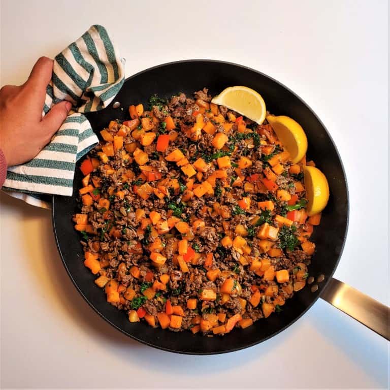 Skillet full of Beef Sweet Potato Hash with Kale