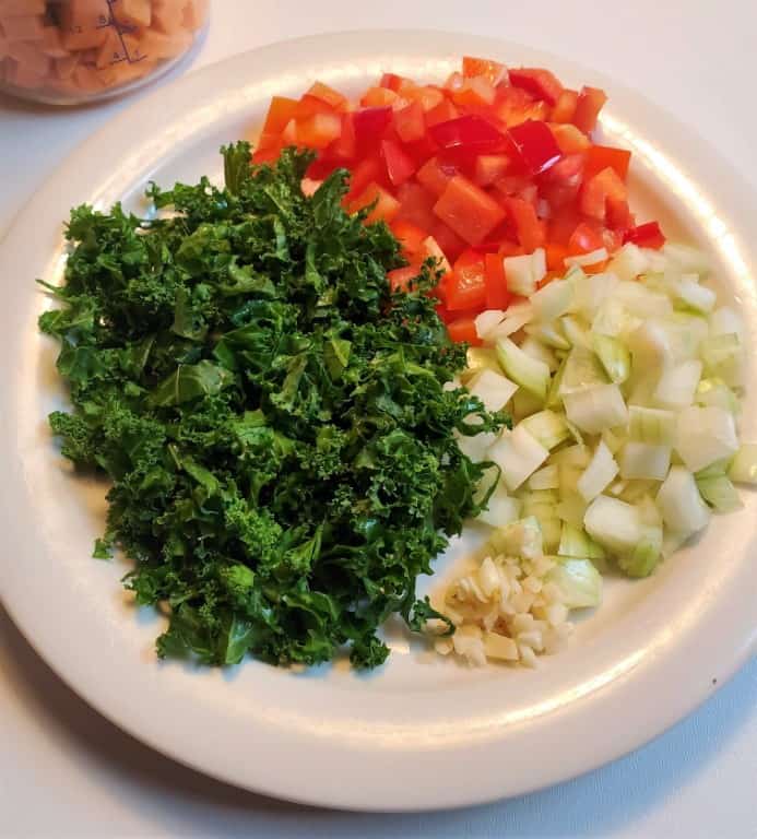 Platter of Diced Vegetables to be used in beef sweet potato hash recipe