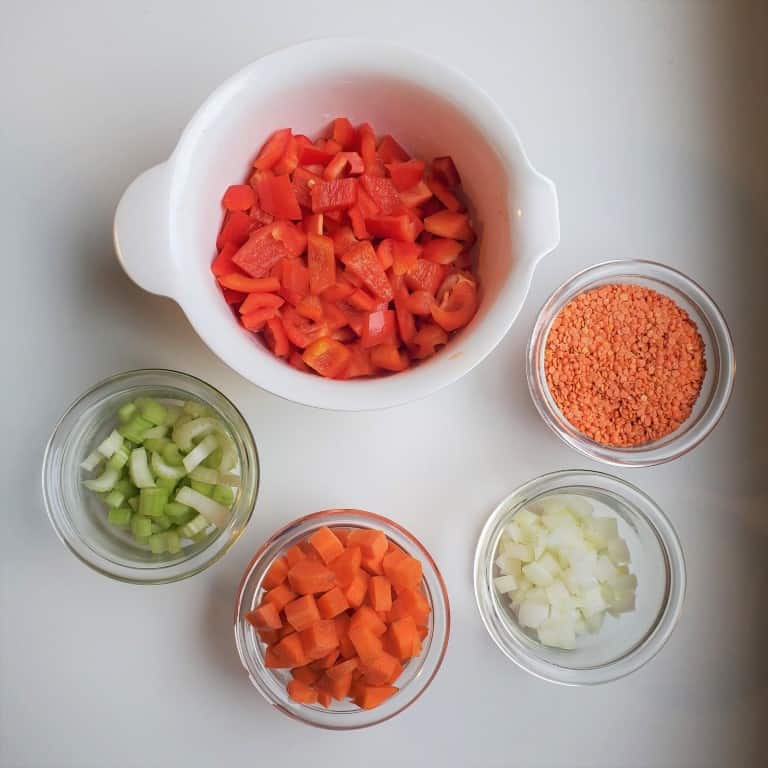 Vegetables chopped and ready to be used in red pepper and lentil soup
