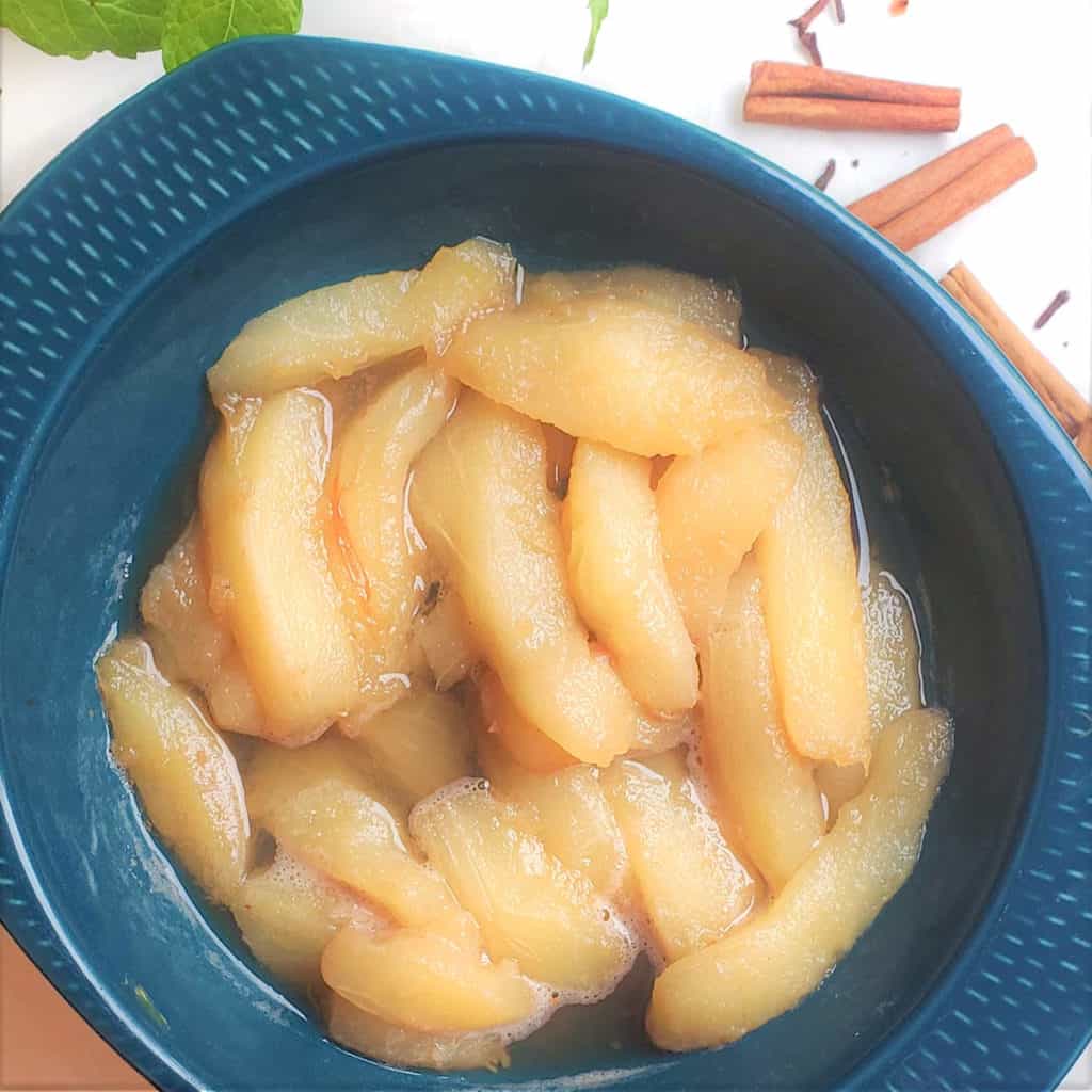 stewed pears in blue dish