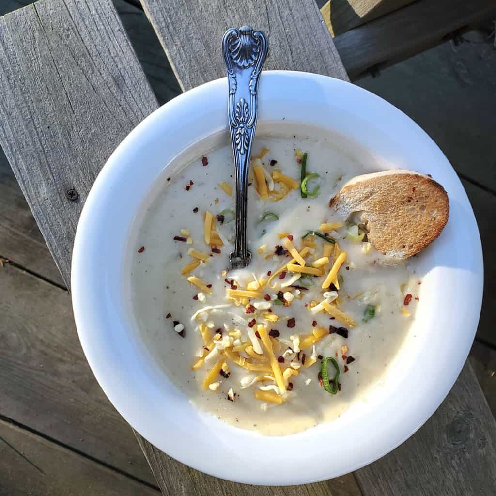 bowl of loaded 4 ingredient potato soup