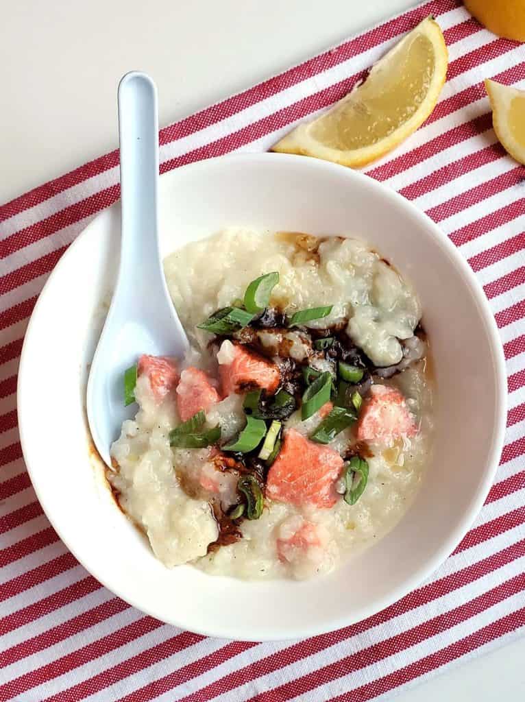 Salmon Congee in Bowl with Soy