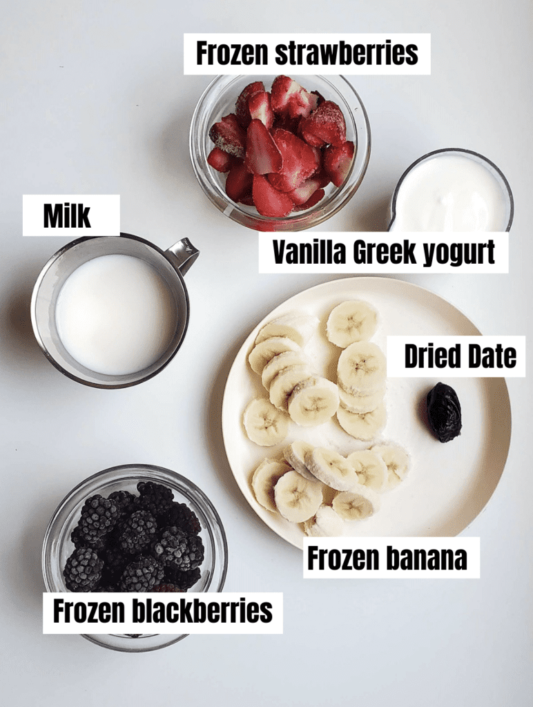 Ingredients to make blackberry strawberry banana smoothie